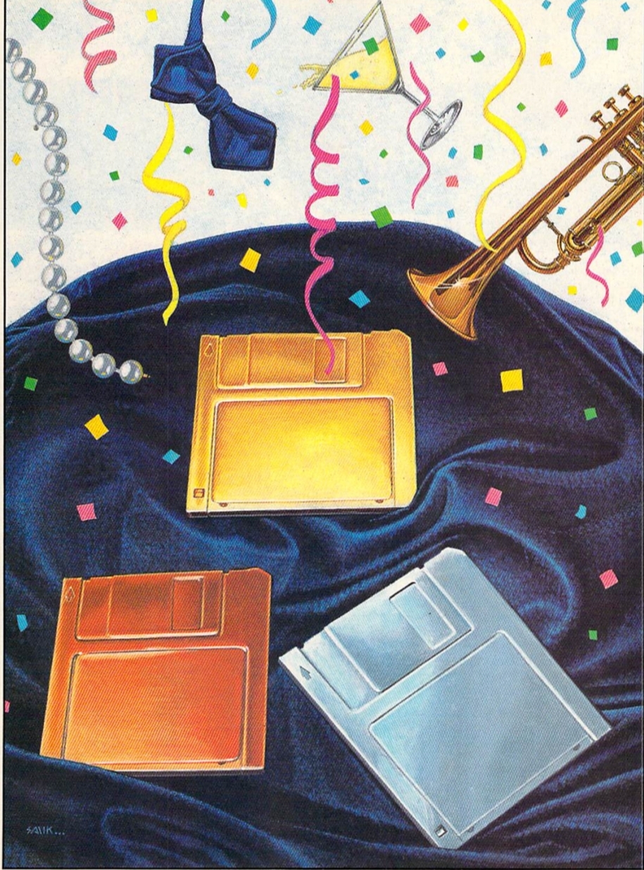 old magazine clipping of a new years celebration add with confetti and colorful floppy disks.