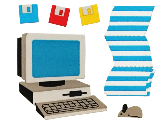 a colorful clip-art style sticker of an old computer and some floppy disks.